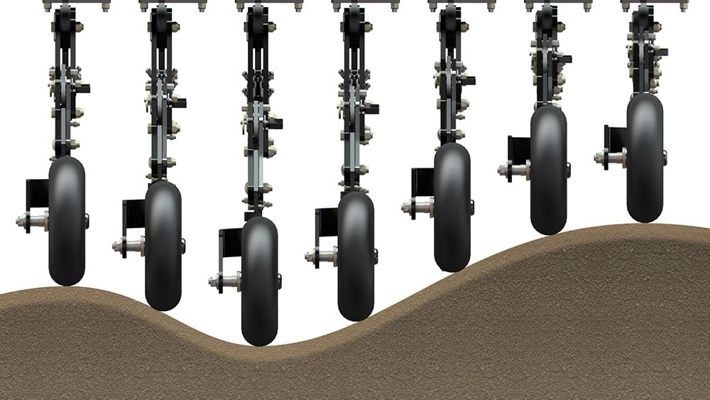 A rendering illustrating the contour-following ability of the Seed Hawk 900C's coulters.