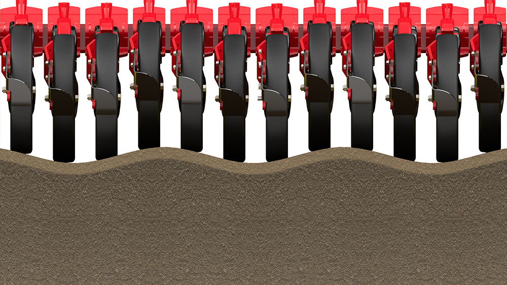 Rendering of how Väderstad seed coulters are mounted on their own arms, allowing them to respond to uneven ground.