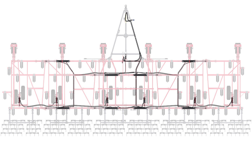 Illustration of the Wil-Rich 2500 Series Chisel Plow from above, highlightling the hydraulics