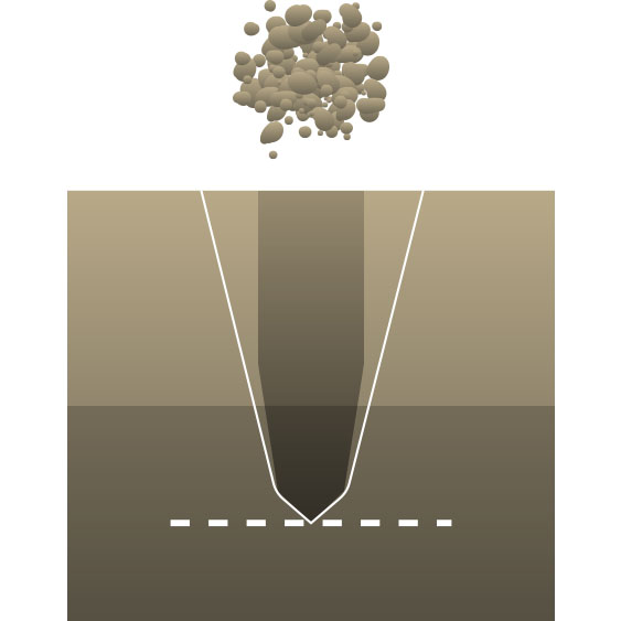 Rendering of a Väderstad 50/80mm cultivator point and how it affects the soil