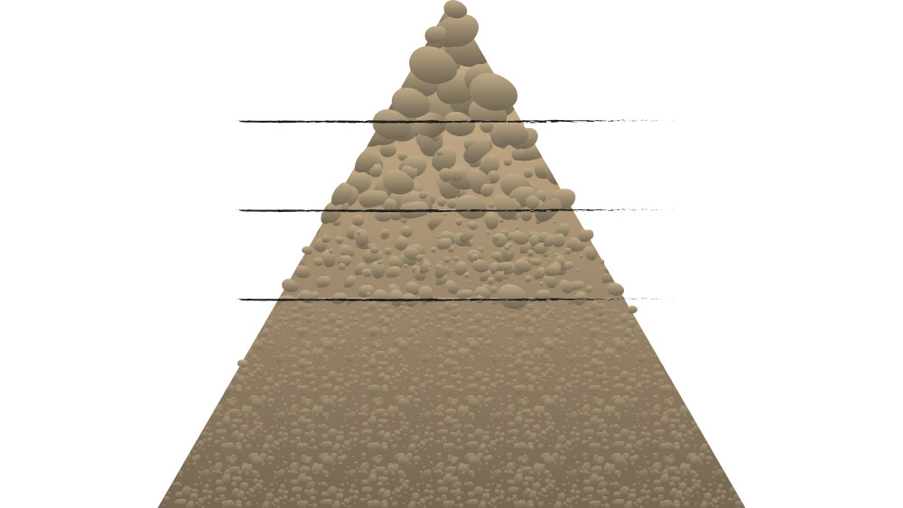 Rendering of a pyramid to explain clod creation in soil and how the shape of the cultivator point affects it