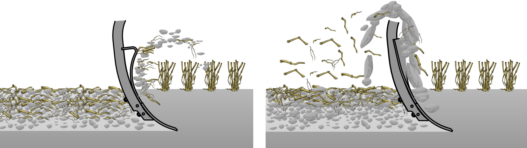Rendering of how the Väderstad MixIn shin works the soil compared to other shins