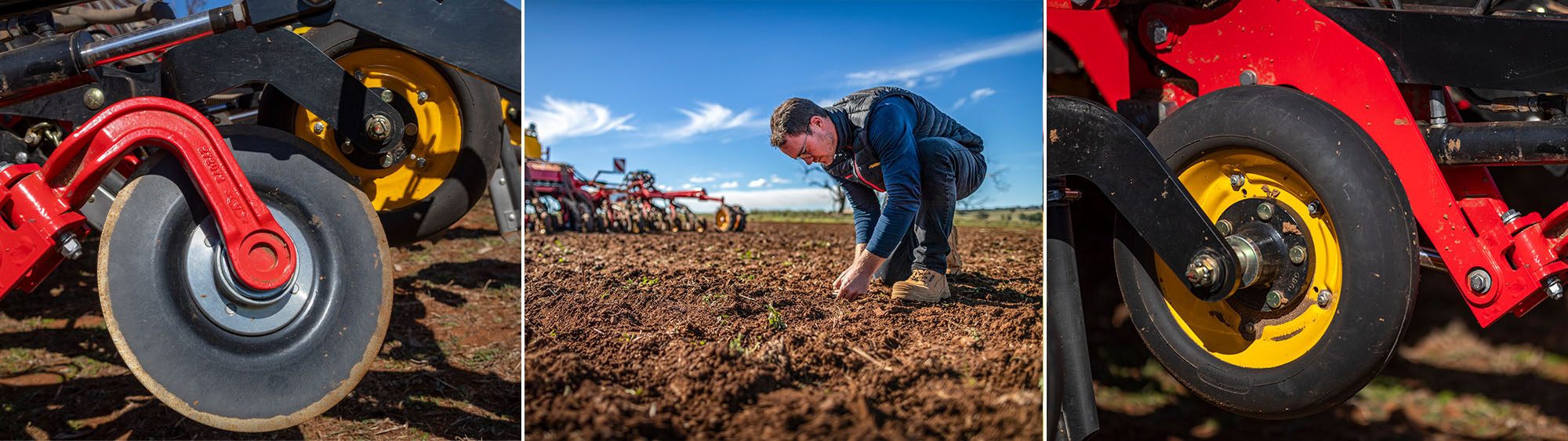 A photo collage with a front disc, a man examining the soil in a field, and a press wheel.
