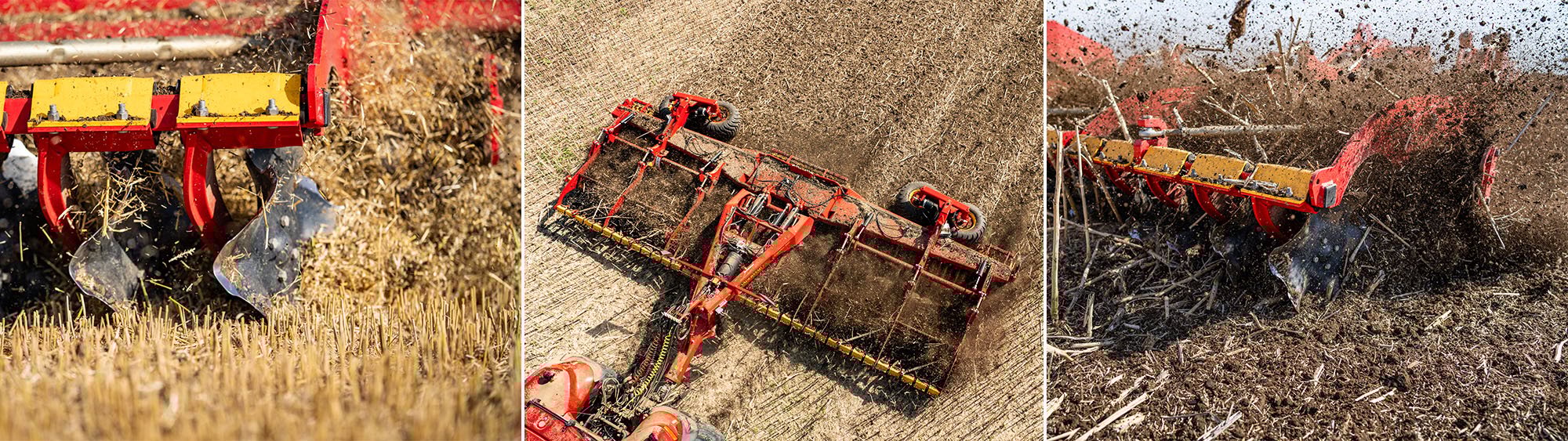 Tres fotos que muestran el Carrier 925 equipado con el sistema CrossCutter Disc en 3 hileras, trabajando un campo.