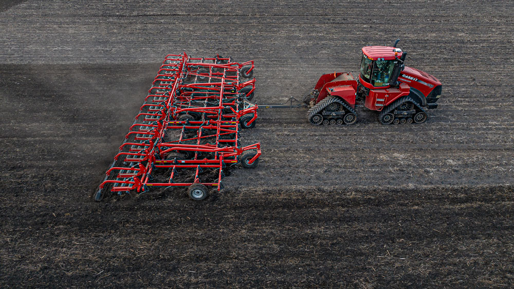 Aerial photo of a Wil-Rich field cultivator working on a field