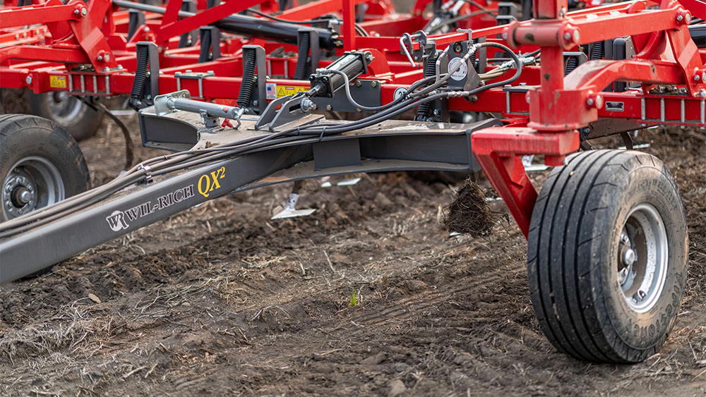 Close-up of the gauge wheel on a Wil-Rich XL2 field cultivator